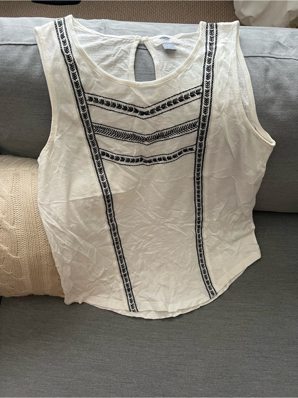 Old Navy White Tank Top with Black Embroidered Trim